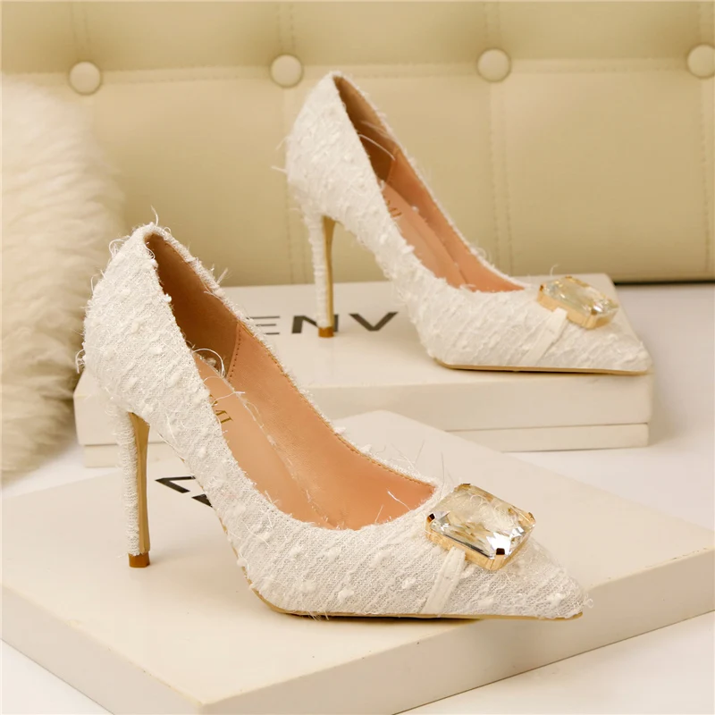 

2019 Women 10cm High Heels Glitter Crystal Buckle Pumps Lady Elegant Female Footwear Wedding Bridal Scarpins Black Quality Shoes