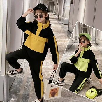 

2020 Fashion Big Girls Sports Suits Semi-high Collar Letter Zipper Clothing Set Teenage Spring Autumn Tracksuit Kids Sportswear