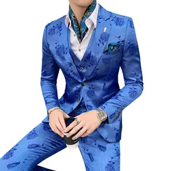 Мужской блейзер с принтом розы, модные вечерние мужские костюмы в английском стиле, комплект из 3 предметов, пиджак + брюки + жилет
