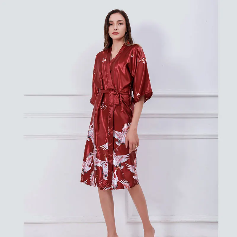

2020 Summer New Morning Gown Middle Sleeve Style Silk Like Lady's Nightgown Home Ice Silk V-neck Home Wear