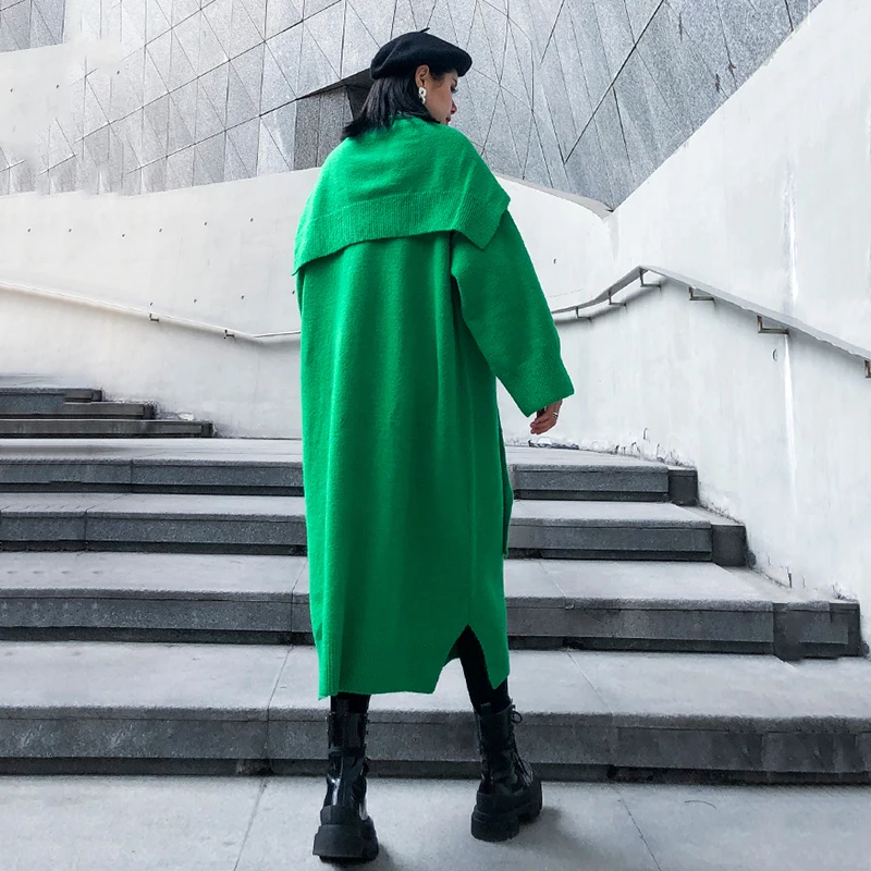 [EAM] женское зеленое длинное вязаное платье большого размера, новинка, круглый вырез, длинный рукав, свободный крой, мода, весна-осень, 1K345