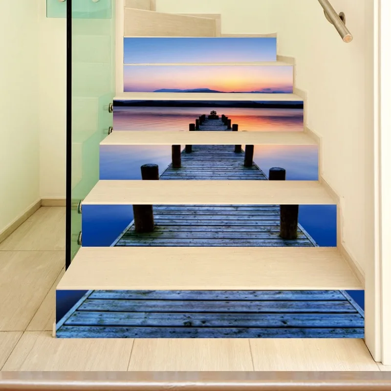 

6Pieces/set Dropship Beach Trestle 3D Simulation Stair Stickers Removable Waterproof Steps Decorative Wall Stickers Home