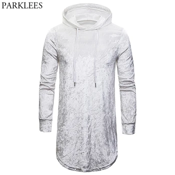 

White Longline Velvet Hooded Tshirt Men 2019 Autumn New Extra Long Hoodies Tshirts Mens Hip Hop Causal Swag Camiseta Masculina