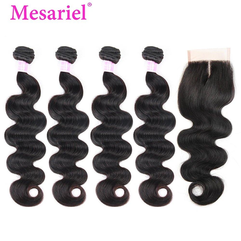 

Mesariel Peruvian Body Wave NonRemy Hair 3/4 Bundles With Closure Human Hair Bundles With Closure Hair Extension Natural Color M