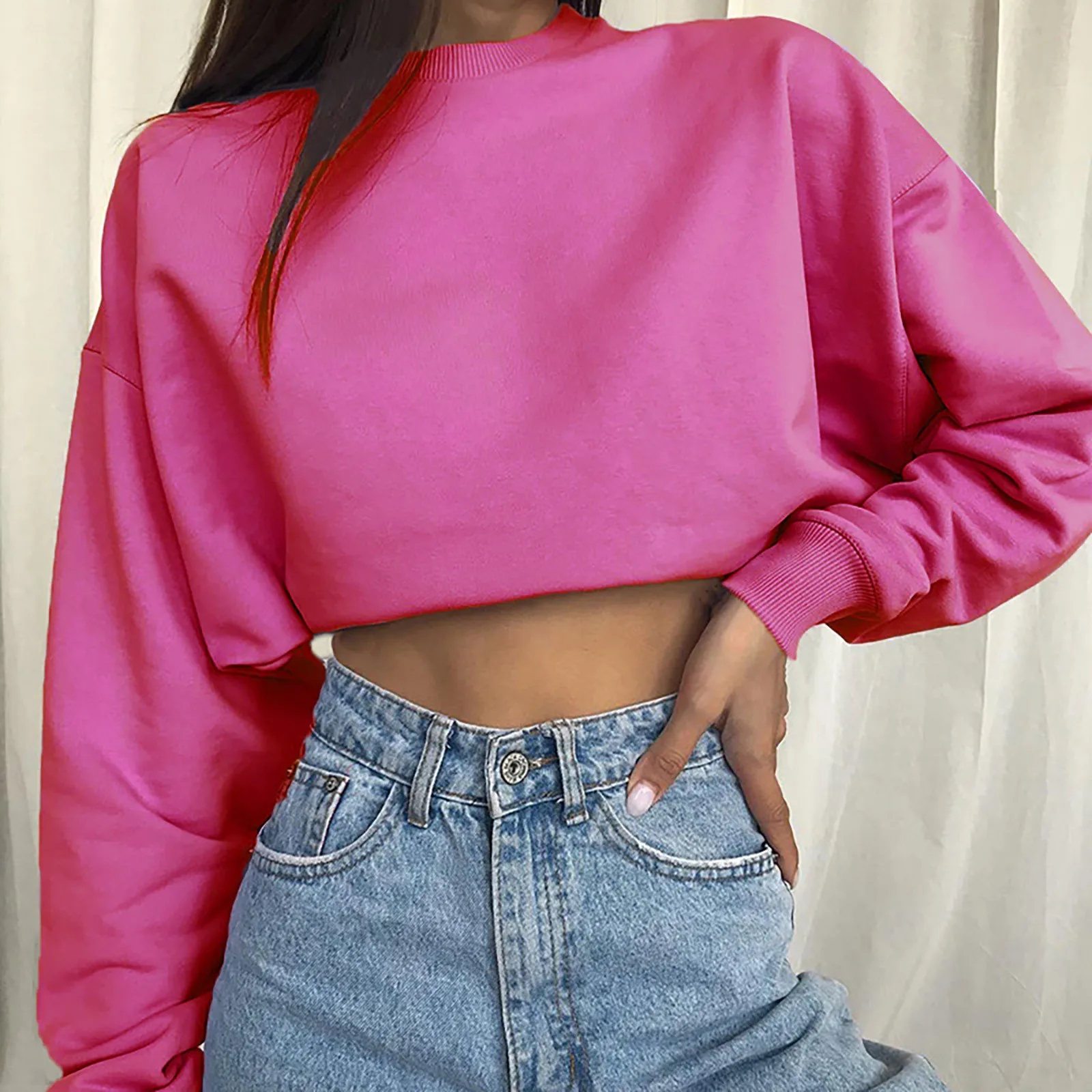 Sudaderas con capucha de gran tamaño para mujer, Tops cortos de Color sólido, suéter informal de manga larga con cuello redondo, femenina AliExpress