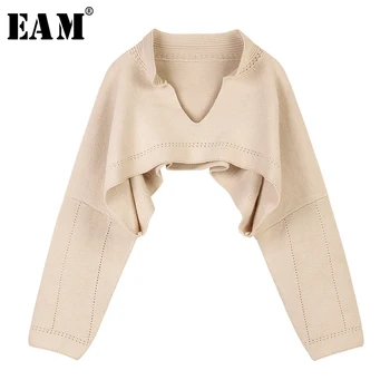 

[EAM] Apricot Brief Big Size Short Knitting Sweater Loose Fit V-Neck Long Sleeve Women Pullovers New Fashion Spring 2020 1S363