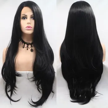 

Black Color Long Natural Wave 13*3 Inch Synthetic Lace Front Wig Hand Tied Heat Resistant Fiber Side Parting Hair For Women Wigs