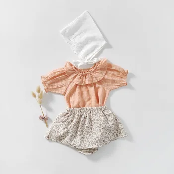 

Lovely cozy little girls short sleeve shirt+floral skirt shorts suit for baby clothing set toddler outfits children clothes