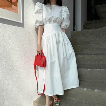 

YAMDI o neck short puff sleeve a-line korean 2020 new midi dress women dresses party summer vintage woman elegant solid vestidos