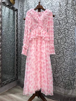 

2020 Early Autumn New Women's V-neck Outdoor Ruffles Stitching Printed Pattern Waist Hugging Long-Sleeved Dress 810