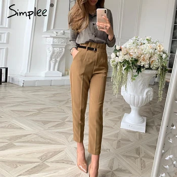 

Simplee Women fashion high waist pencil pants Spring female casual belt patchwork long pants Office lady work wear trousers