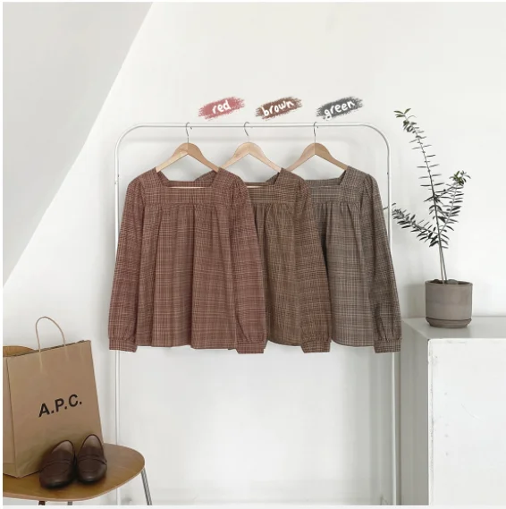 Plaid New Womens Blouses Summer Tops Femme Casual Women Shirt Long Sleeve Cotton Girls women Blouse New Blusas Solid Loose