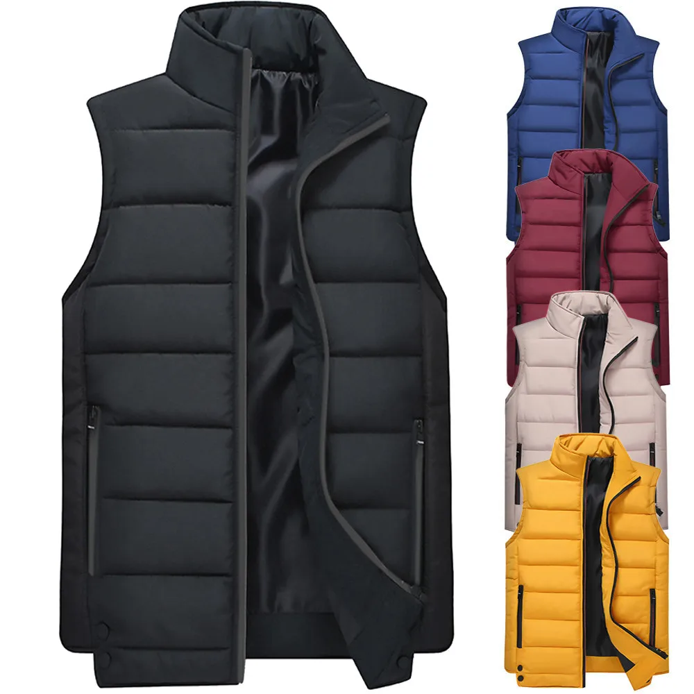 Мужские Пуховые жилеты, 5 цветов, зимние куртки, жилет, мужская мода, без рукавов, одноцветная, на молнии, пальто, теплые жилеты размера плюс M-3xl