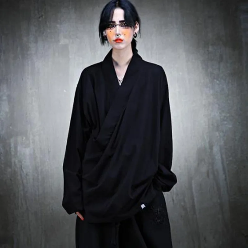 Men's Long Sleeve T-Shirt Spring And Autumn New V-Collar Solid Color Korean Japanese Simple Casual Loose Large Size Jacket