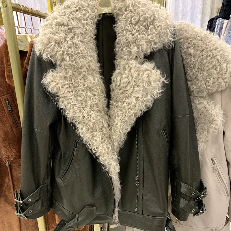 Dark green Rf2051 Женская куртка из натуральной кожи с натуральным мехом ягненка, пальто Авиатор, модное зимнее замшевое пальто с поясом - Цвет: Dark green