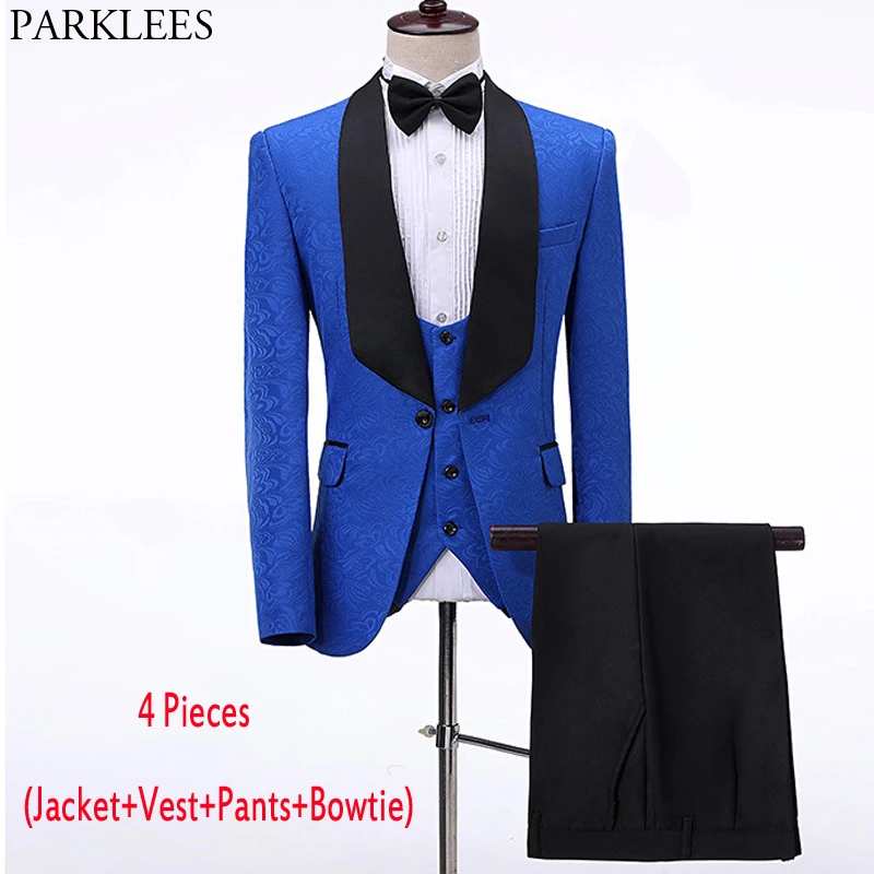 

Luxury Royal Blue 3 Pieces Dress Suits Men One Button Floral Jacquard Shawl Collar Tuxedo Suits with Pants Male Terno Masculino