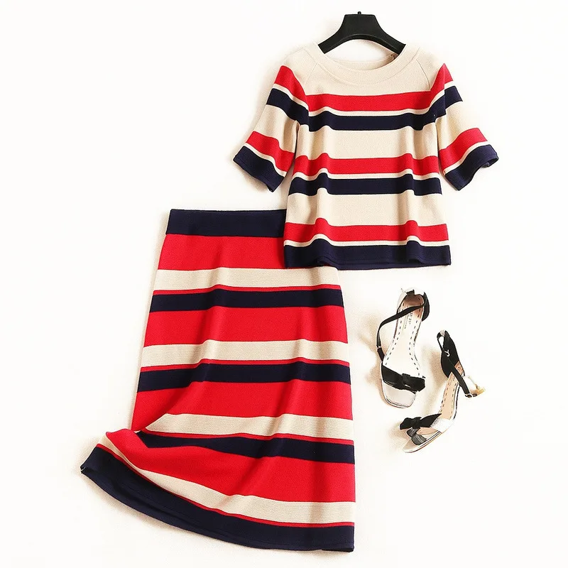 

2019 Early Autumn Fashion Knitted Contrast Color Striped Suit Half Sleeve Shirt Crop Tops And Skirt 2 Piece Set Women Outfits
