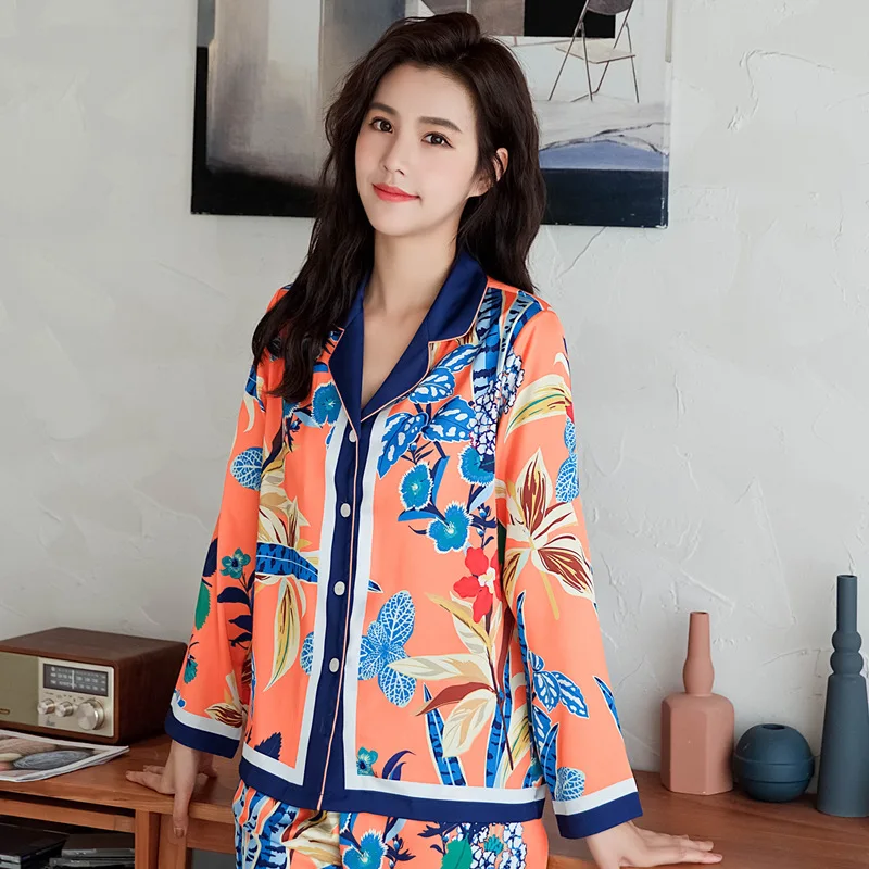 

Fiklyc Pajamas Women's Spring Silk Loose Printed Long-Sleeved Trousers Two-Piece Suit