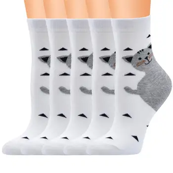 

5 pair Women socks combed cotton cartoon Animal Cat Food geometric Dot Printed novelty funny socks
