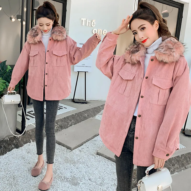 

2018 Winter New Style Corduroy Cotton-padded Jacket Thick Fur Collar Hong Kong Style CHIC Cotton Coat Women's Short Cotton-padde
