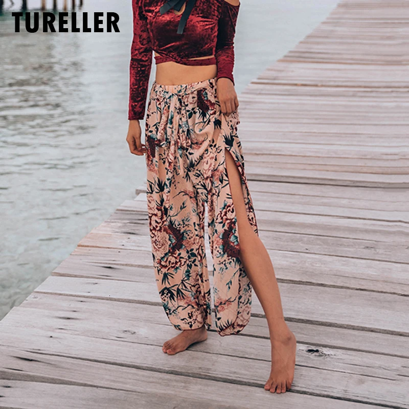 

90cm Length Retro Beach Pants Print Cover Up Swimwear Side Slits Wrap Chiffon Swim Bottoms Women Vacation Sarong Pareo Skirt