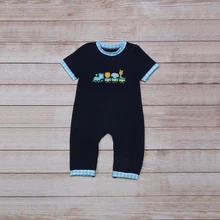 

Summer Clothes Boy Blue Plaid Cuffs Navy Blue Short Sleeve Train Pulling Lion Elephant And Giraffe Embroidery Baby Rompers
