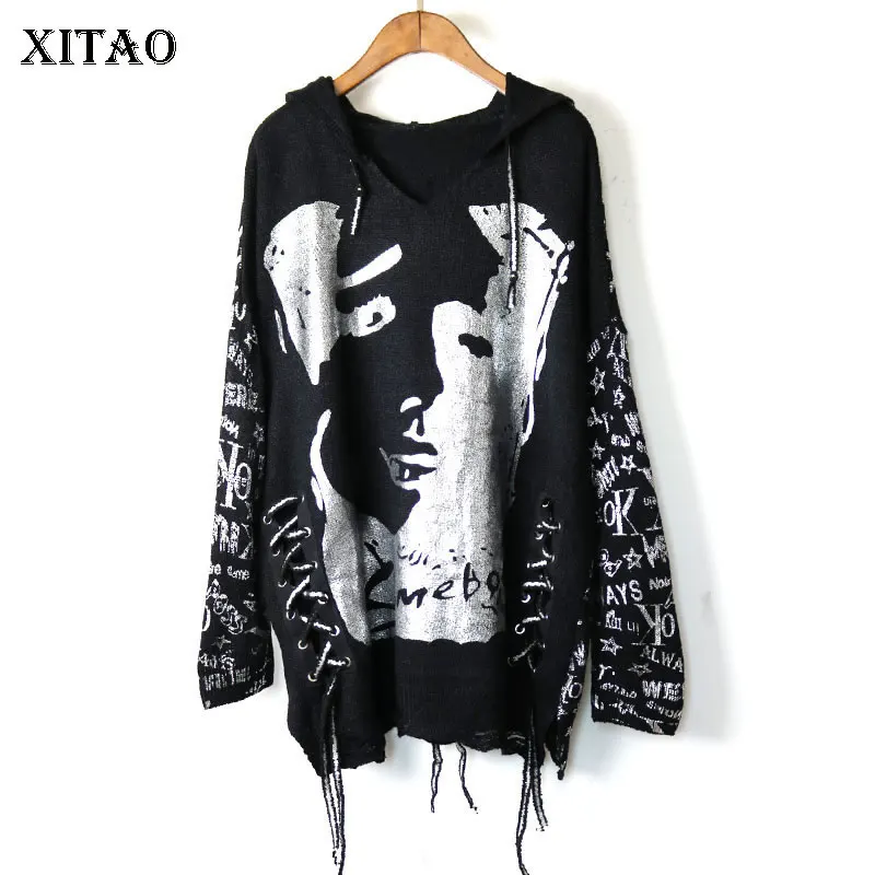 

XITAO Knitted Tassel Sweater Pullover Hooded Collar Full Sleeve Patchwork Letter Character Pattern 2019 Winter Sweater DMY1863