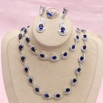 

Blue Sapphire Jewelry Sets For Women 925 Silver Earrings Bracelet Pendant Necklace Ring Wedding Jewelry Gift Box