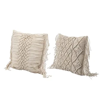 

2x Cotton Linen Macrame Hand-Woven Cotton Thread Pillow Covers Geometry Bohemia Cushion Covers Home Decor-C & A