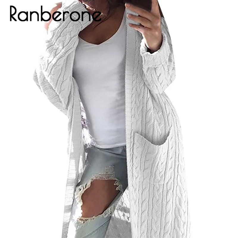 Ranberone New Autumn Winter Women Cardigan Long Coat Fashion Casual Solid Knitted 2019 Female Keep Warm Sweater Open Stitch Coat