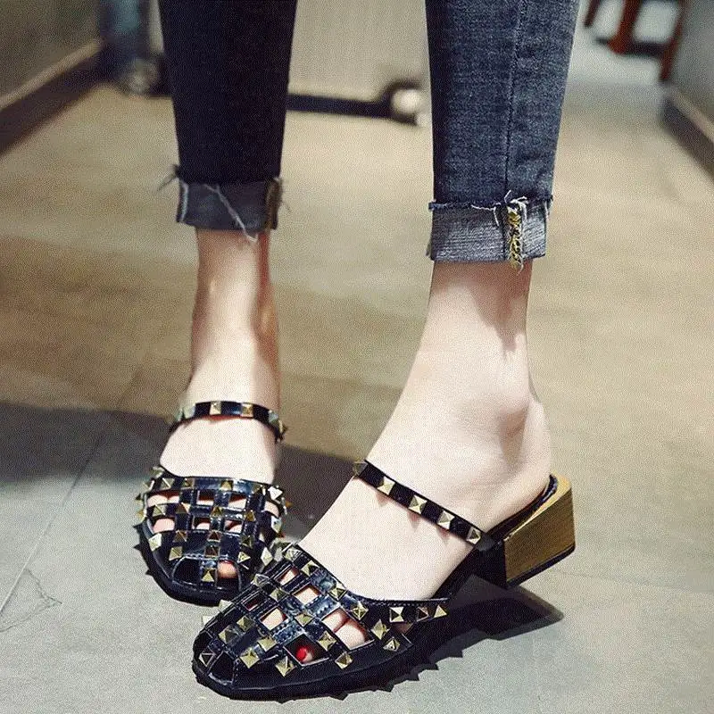 

Slipper Women's Summer 2019 Fashion WOMEN'S Shoes Versatile Korean-style Chunky-Heel Semi-high Heeled Slipper Rivet Hollow out A