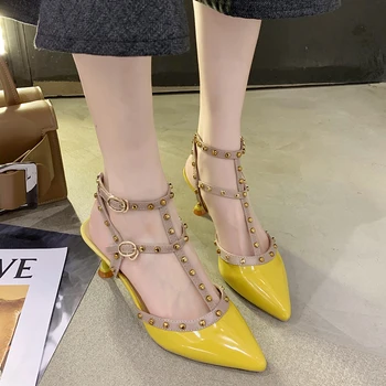 

2020 Women Buckle Strap Sandals Leather Designers Rivet Pointed Toe Pumps Shoes Woman Party Sexy Thin High Heel Sandal Gladiator