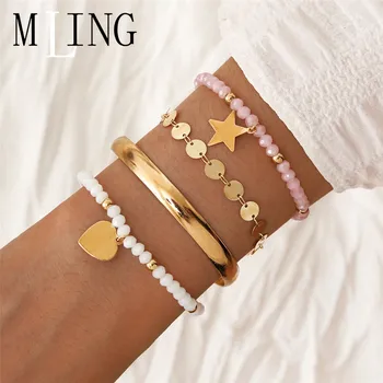 

MLING 4 Pcs/Set Vintage Gold Alloy Geometric Bracelet Set Bohemian Beads Heart Sequin Star Bracelet Set for Women