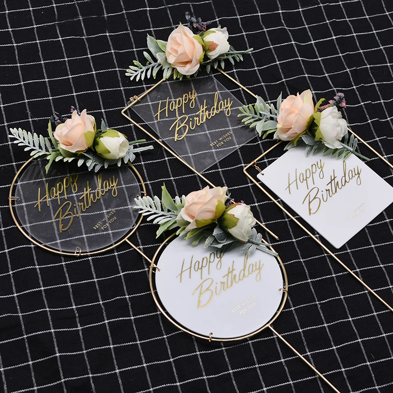1 Uds Metal Topper para tarta de feliz cumpleaños Artificial pastel de flores Toppers para DIY bebé ducha decoración de fiesta de cumpleaños de decoración
