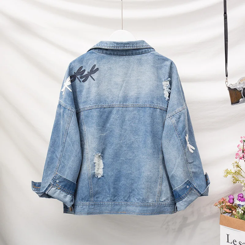 

2019 Autumn Large Size Dress Large GIRL'S Loose-Fit Slimming Fashion Flower Stickers Cowboy Jacket Women's