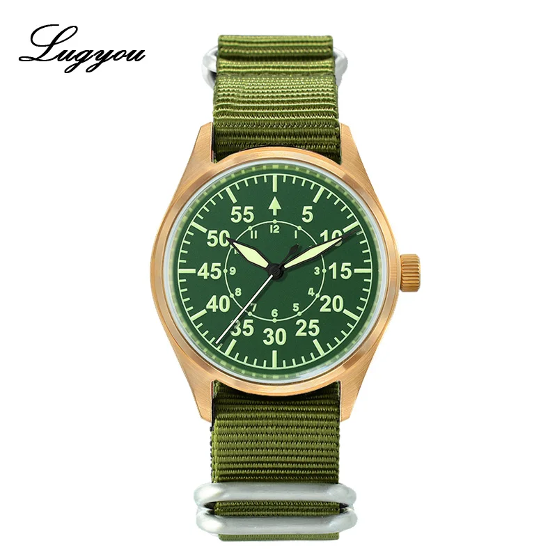Lugyou механические часы пилота бронзовые винтажные военные армейские зеленые Супер Светящиеся NH35 кожа или нейлон Супер Светящиеся 39 мм - Цвет: Dial B Green NH35