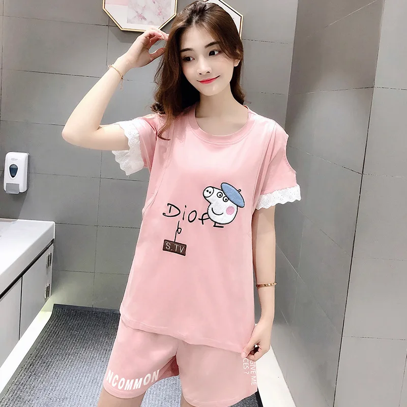 

Summer Japanese Style New Style Maternal Nursing Nursing Clothes Cartoon Printed Short Sleeve Pure Cotton Pregnant Women Nursing