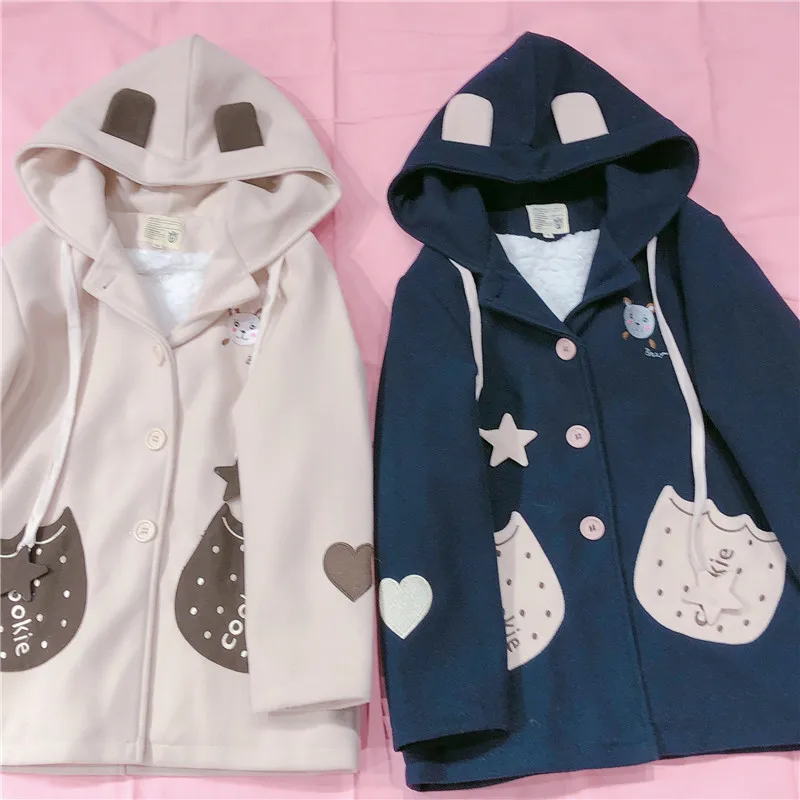 Winter Soft Girl Cute Bear Embroidery Coat Mori Girl Biscuit Pocket Plush Woolen Jacket Preppy Style Cartoon Hooded Outwear Tops