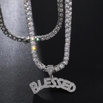 

Hip Hop Iced Out Letter BLESSED Pendant Tennis Chain Necklace Micro Pave CZ Gold Charm Mens Women Pendants Necklaces Jewelry