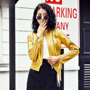 

2020 spring streetwear Long Sleeve Leather Jacket Women Punk Moto PU learher Coat Mesh Straps Outwear abrigos mujer Appare PY16