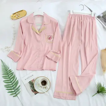 

Women Pajamas Cute Cartoon Ice Silk Unicorn Printing 2 Pieces Pajamas Set Long Sleeve Turn-down Collar Female Home Clothes