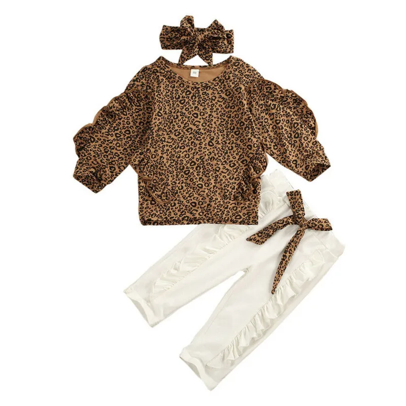 1-5Years Toddler Kids Baby Girl Clothes Ruffle Leopard Pullover Tops Sweatshirt Long Pants Headband 3Pcs Set Tracksuit Outfits | Детская