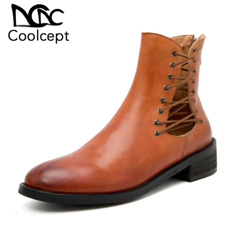 

Coolcept Women Spring Autumn Ankle Boots Chelsea Real Leather Pointed Toe Flats Boots Office Retro Zipper Shoes Woman Size 34-40
