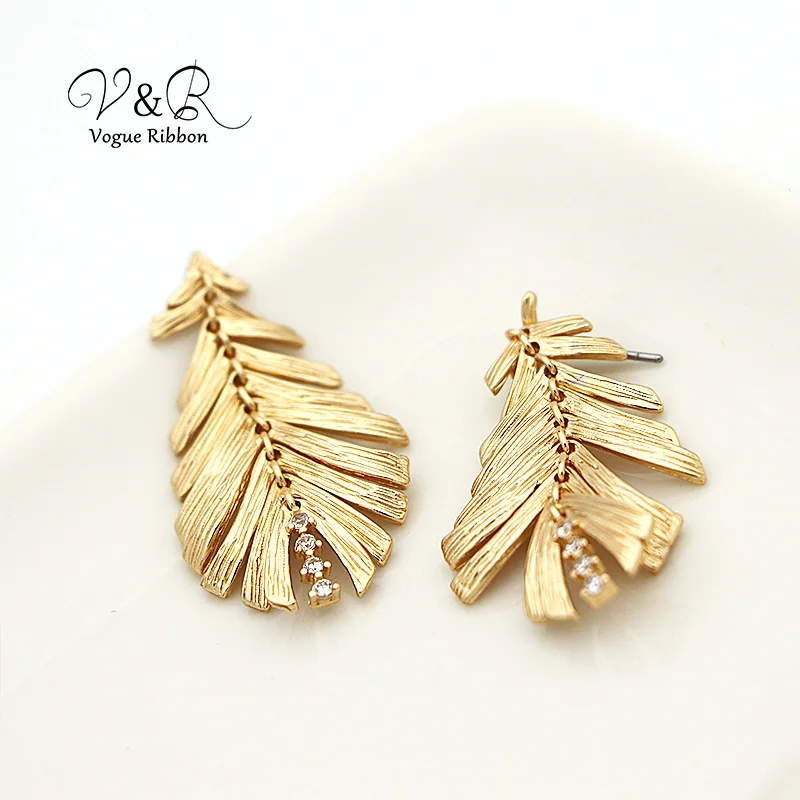 Imitation gold plated drop earring, soft and movable leaves shape with CZ stones, high quality fashion jewelry (5)