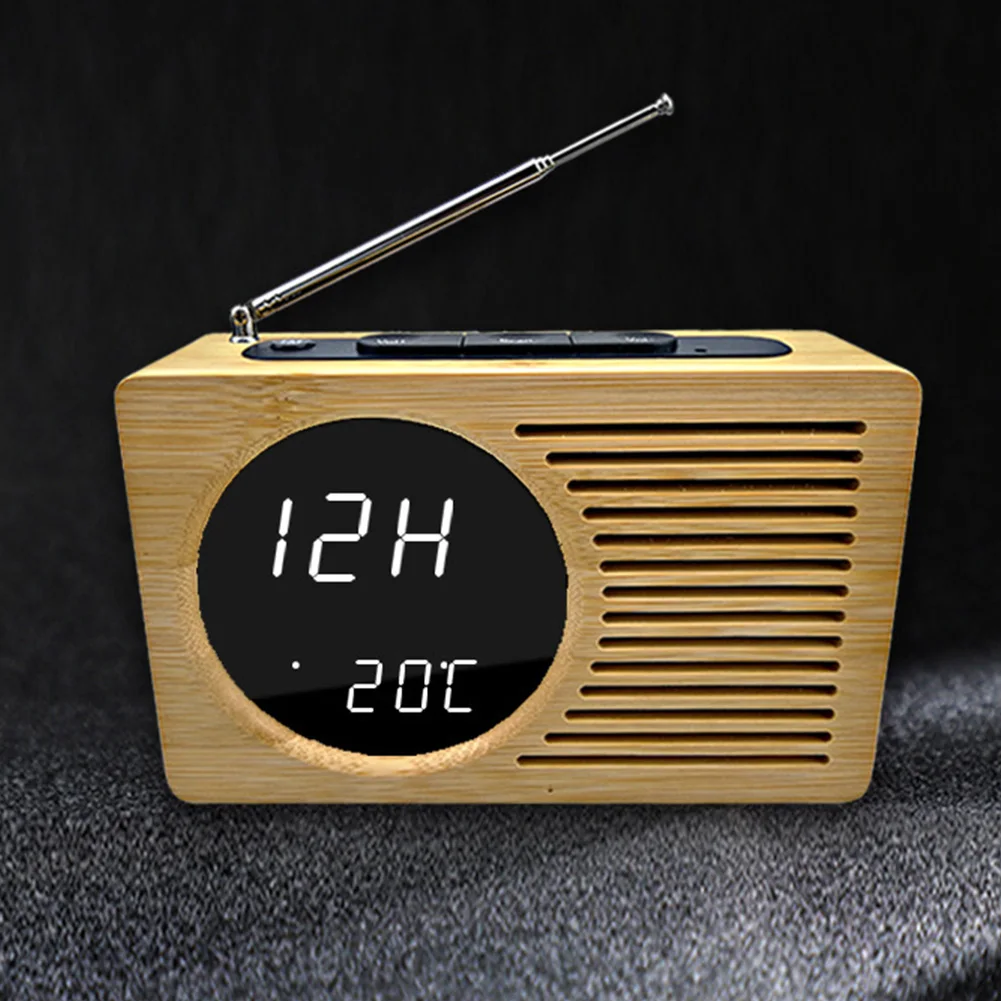 Temperature Display Desk Sounds Control LED Digital Bamboo Alarm Clock Home Silent Vintage Radio Bedside Decorative Travel