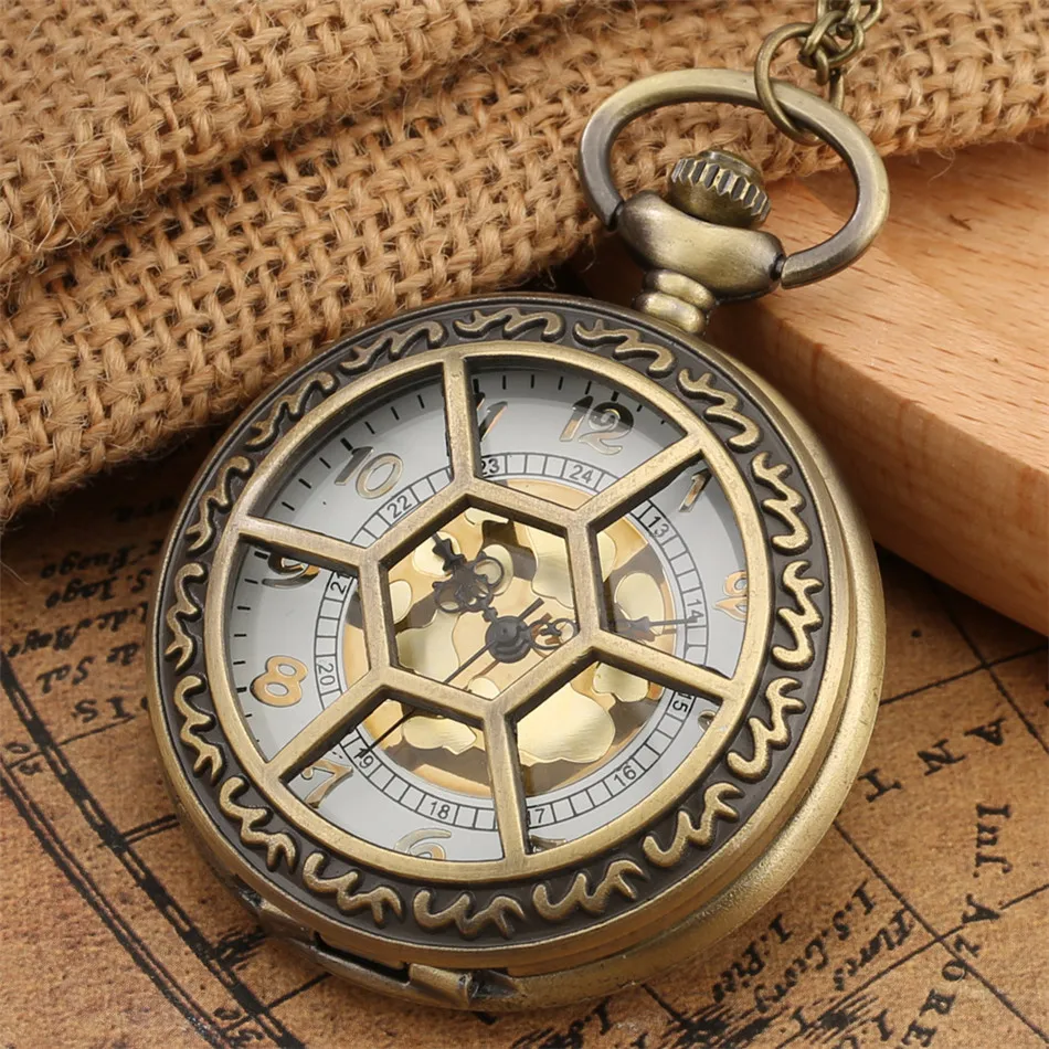 

Hollow Hexagon Half Hunter Quartz Pocket Watch Gold Arabic Numeral Dial Necklace Pendant Clock Gift Men Women 80cm Sweater Chain