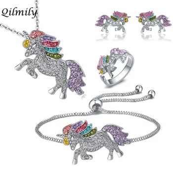 

Qilmily Colorful Unicorn Inlaid Zircon Set Necklace Bracelet Earring Ring for Women Girls Gold Pull Adjustable Jewelry Gifts Hot