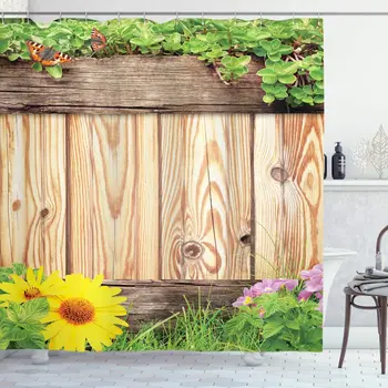 

Yellow Brown Wooden Shower Curtain Fence Garden Yard Summer Spring Daisy Flowers Butterfly Grass Rustic Print Bathroom Curtain