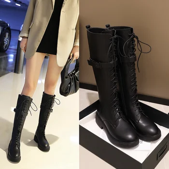 

Women knee-high boots plus size 22-26.5cm autumn and winter short plush warm long boots Cross straps Buckle skinny boots