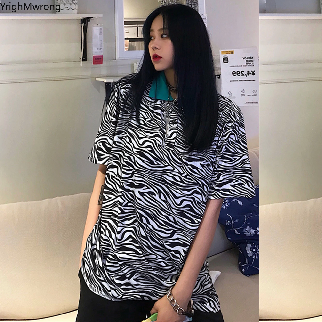 

Contrast Block Color Button Turndown Collar Loose Zebra T Shirt Tee T-Shirt Top Harajuku Streetwear Korean Women Blusas Striped